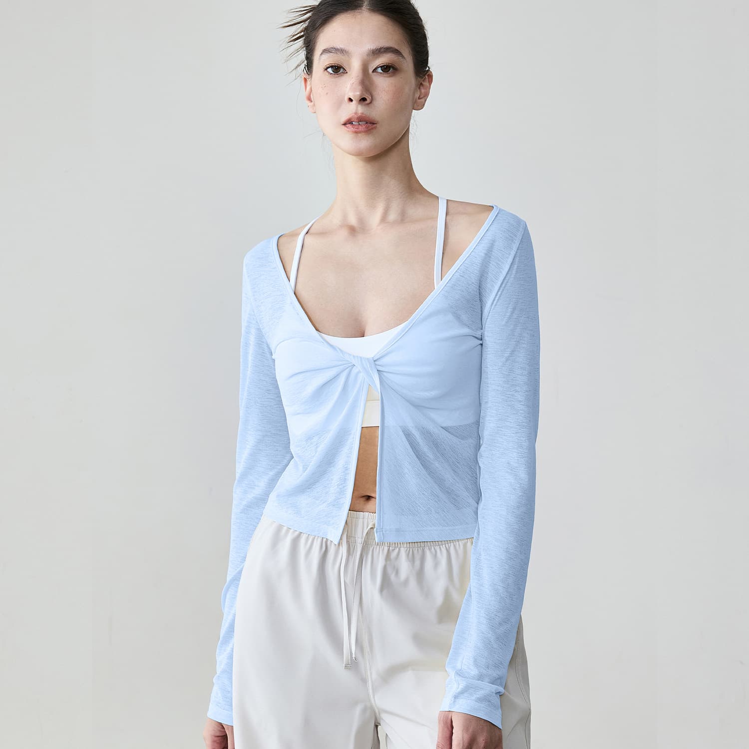 スポーツウェア 透け感シースルーレイヤートップス